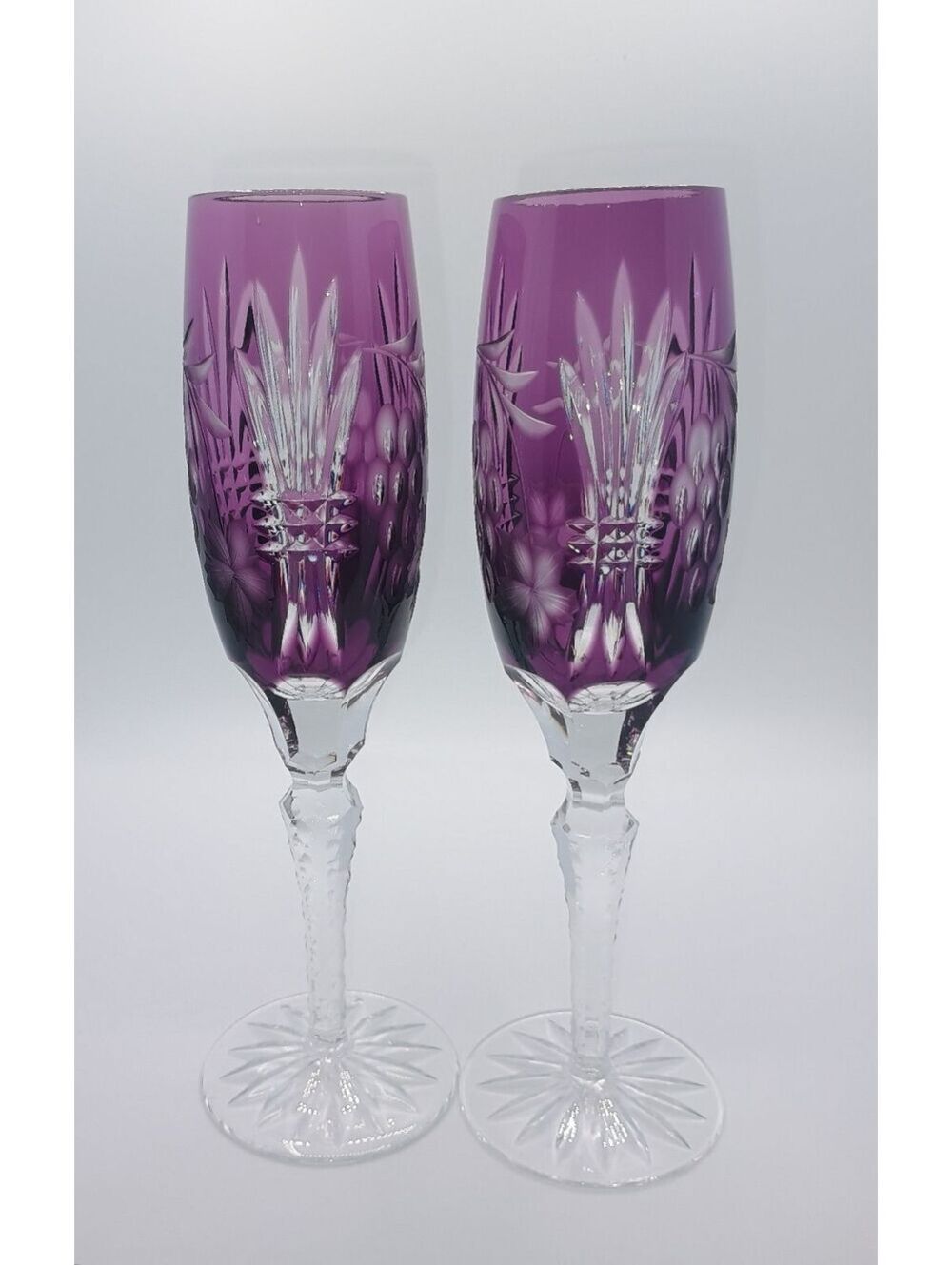 Ajka Marsala Amethyst Cut-to-Clear Crystal Champagne Flutes 8-1/2 inches tall